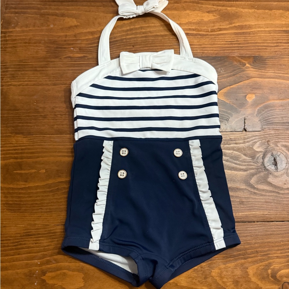 Janie & Jack Navy and White Striped Halter One-Piece Swimsuit 3T